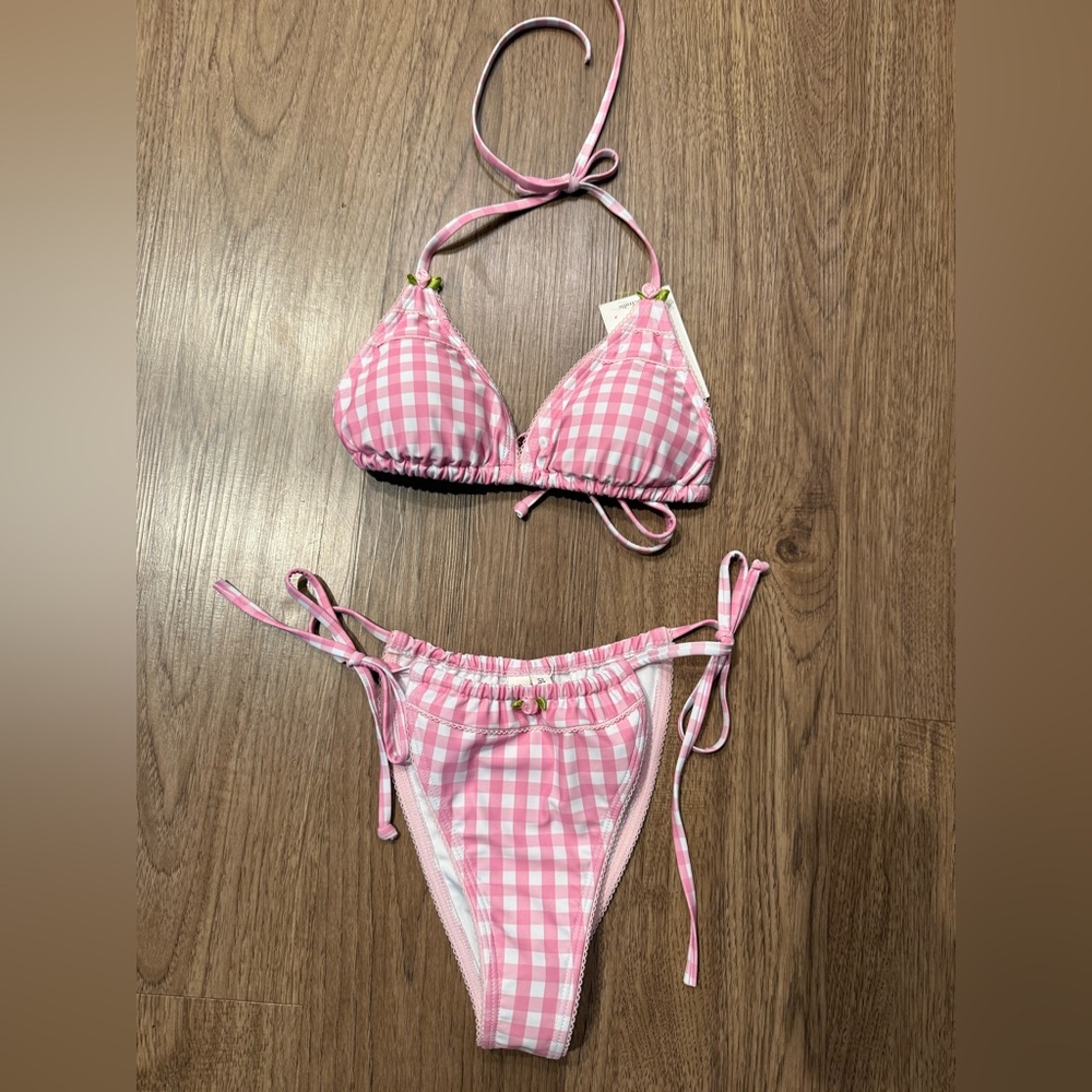 The Frolic x Lydia Kara triangle Bikini Set top & bottoms Pink Gingham Sz S NWT - Picture 5 of 8